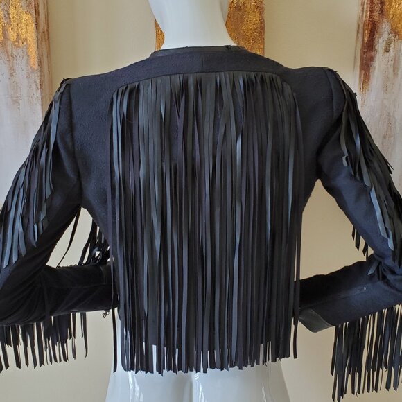 BCBGMAXAZRIA Farrell Black Fringe-Trim Faux Leather Short Jacket SZ XS - Picture 4 of 15